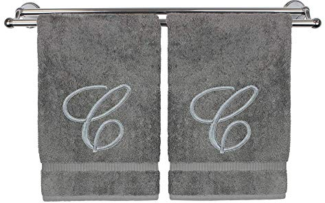 Monogramm Personalisierte Handtücher Gästetuch Hochzeit Engagement Jahrestag Geschenk, baumwolle, grau, 2 Hand Towel-Silver Script Initial C