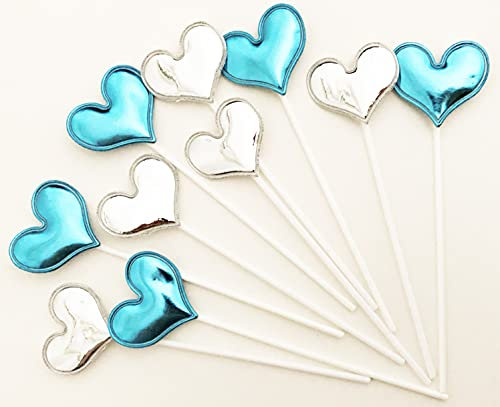 AILEXI Handgemachtes 10 Leder Reflektierend Glitter TortenstÜCk FÜR Kuchen CupKuchen Und Eis - 5 Hellblaue Und 5 Silberne Herzen