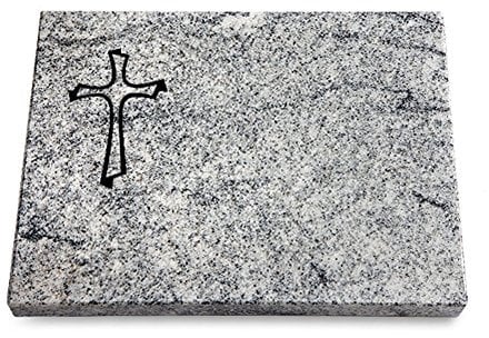 Grabtafel, Grabplatte, Grabstein, Grabkissen, Urnengrabstein, Liegegrabstein Modell Pure 40 x 30 x 3-4 cm Viskont-White-Granit, poliert inkl. Gravur (Sandstrahl-Ornament Kreuz 1)