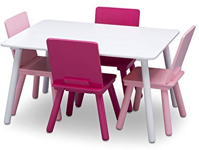 Delta Children Kids Table and Chair Set (4 Chairs Included), White/Pink