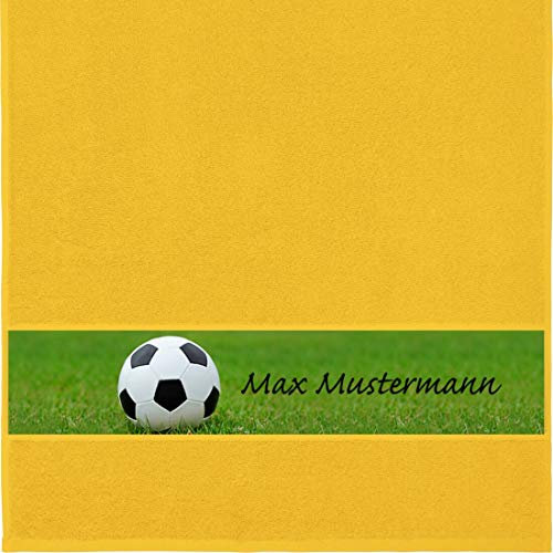 Manutextur Handtuch mit Namen - personalisiert - Motiv Sport - Fußball - viele Farben & Motive - Dusch-Handtuch - gelb - Größe 50x100 cm - persönliches Geschenk mit Wunsch-Motiv und Wunsch-Name