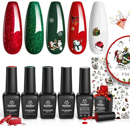 Beetles Christmas Gel Nail Polish Set- Christmas 5 Colors Sparkle Red Green Gel Polish Kit Soak Off LED Gel Nail Kit Manicure Gift with Nail Strengthener Gel and Stickers Nail Art Gifts for Women
