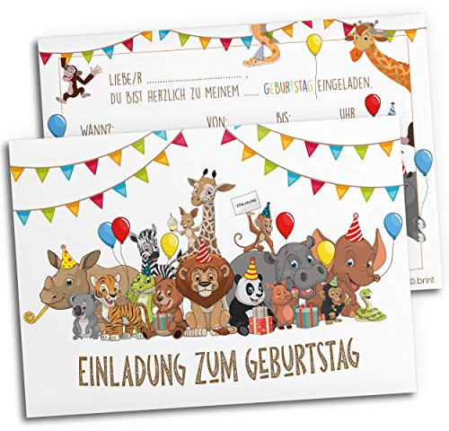 12x Einladungskarten für Kindergeburtstag | Safari-Tiere | Für Jungen & Mädchen | Einladungskarten Geburtstag Kinder Junge Zoo | Partyeinladungen Jungs Mitgebsel Löwe bunt Geburtstagseinladungen