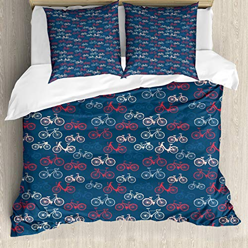 ABAKUHAUS Fahrrad Bettbezugs Set Für Doppelbetten, Bike Sketch auf Blau, Milbensicher Allergiker geeignet mit Kissenbezügen, Blau Rot