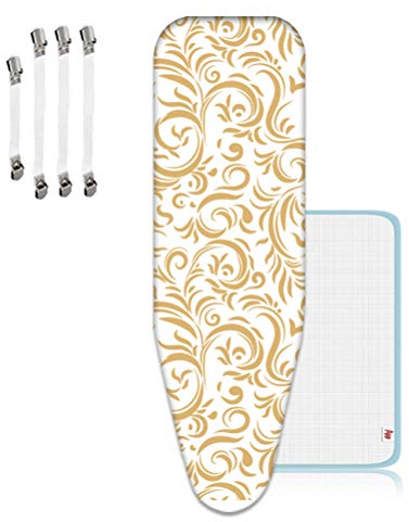 Padwspro Ironing Board Cover, Home Replacement Padded,Suitable for steam ironing, Pull cords, Quick assembly, 125x45cm, Resistant Golden