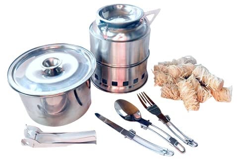 Ready24 Outdoor Kochset, 8-teilig · Hobo-Kocher inkl. Edelstahl-Topf mit Griff, Brennmaterial & Besteck