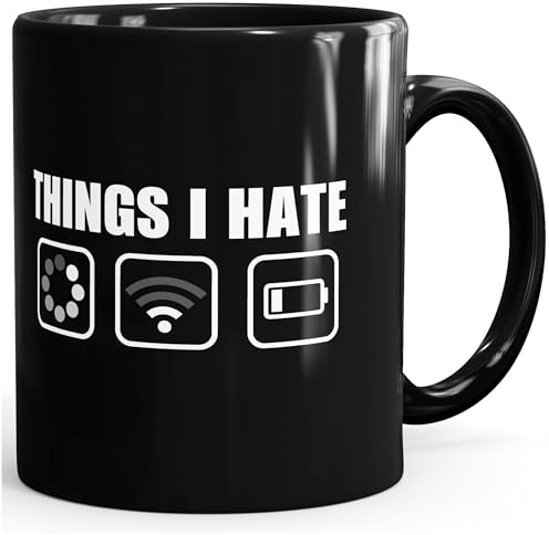 MoonWorks® Kaffee-Tasse mit Spruch Things I hate Icon WLAN kein Empfang Akku digital Bürotasse lustige Kaffeebecher Schwarz Keramik-Tasse