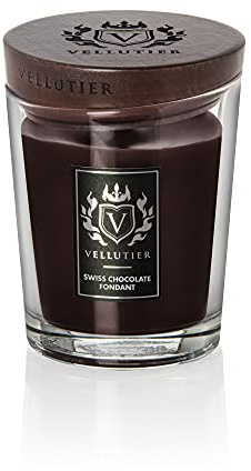 Vellutier Duftkerze Swiss Chocolate Fondant, Kerze im Glas, Spezialrezeptur aus Samtigen Wachs, Verpackt in Hochwertigem Glas mit einem Holzdeckel, Kakao-und Erdnüsse-Aroma, 11,5 x 9 cm, Mittel, 225g