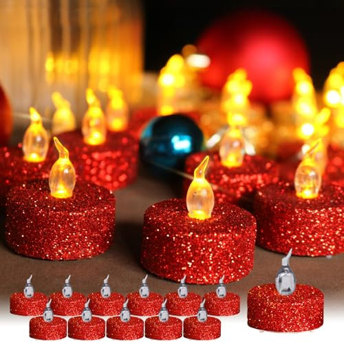 TINYOUTH 12 Stück LED Teelichter Flackernde, Deko Tisch LED Kerzen Elektrische Teelichter, Batterien Enthalten für Hochzeitsfeier Jubiläum Verlobung Dekoration, Rot Glitzernd