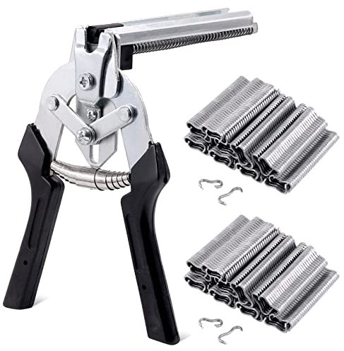 Tanstic 1201Pcs Type M Hog Nail Ring Pliers Kit, including Hog Ring Pliers Hand Tools Clamp Upholstery Installation Repair Hand Tools with 1200Pcs M Clips Galvanized Steel Nails for Fence Fastening