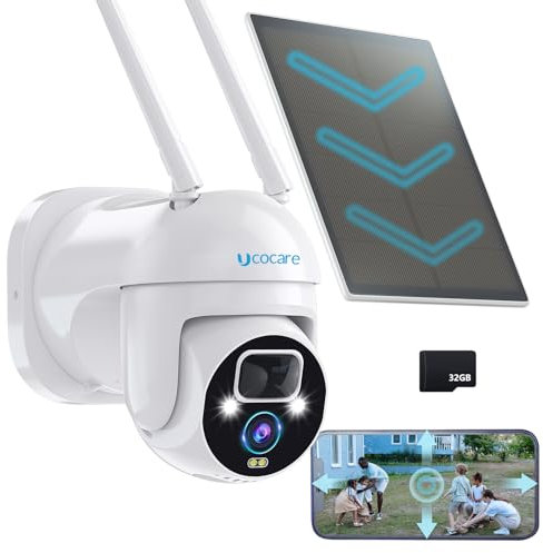 UCOCARE 4MP Solar Security Camera Outdoor Wireless, 360° Pan Battery Camera with 5W Solar Panel, Wifi CCTV Camera Systems, Free 32G Local SD Card, Color Night Vision, AI Human Detection (White)