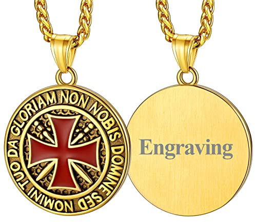 FaithHeart Goldener Medaillon Anhänger Punk Gotik Tempelritter Halskette mit Namen Text Gravur für Herren Jungen