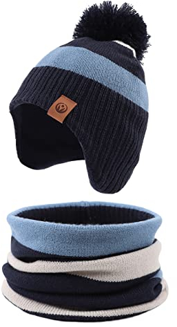 XIAOHAWANG Baby Mütze Winter Klassische Kindermütze Mädchen Jungen Warme Strickmütze mit Pompon Kleinkind Bommelmütze für Outdoor-Aktivitäten (4-7Jahren, Blau(Hut+Schal))