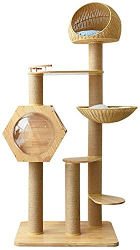MOOZLE 190 cm großer Katzenbaum aus Holz, Katzenturm mit Rattan-Kunstseil, abgedeckte Kratzstämme, Raumkapselnest