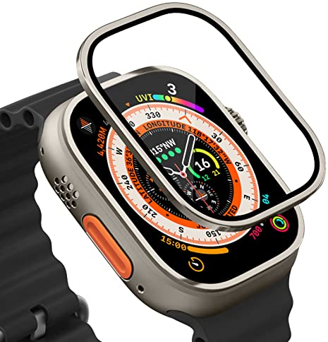 Protector de Pantalla para Apple Watch Ultra 49 mm, Cubierta Protectora de Vidrio Templado Duro [Anti-Scratch] para la Serie Iwatch Ultra, Free Bubble, [Marco de Metal] Película,Color original,49mm