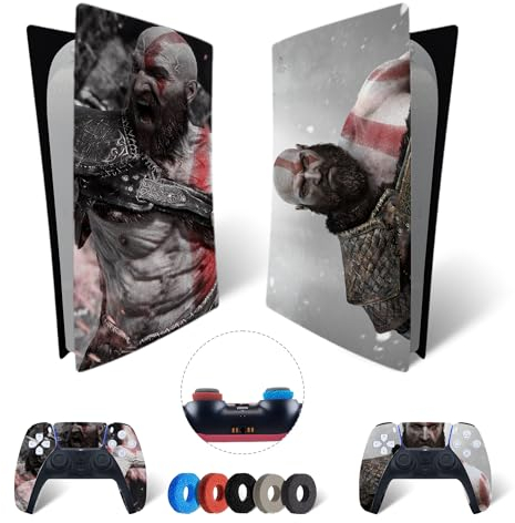 MaD Vision® Extra-Durable Skin Set per PS5 Digital + 5 Paia di Aiming Rings | Pellicola Adesiva in Vinile Opaco per PlayStation 5 + 2 Controllers - per God of War|GOW Design
