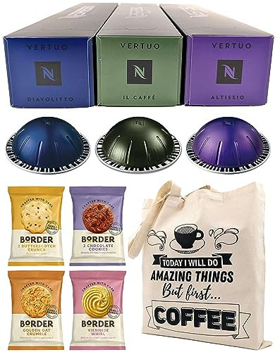 Coffee Pod Variety Pack for Nespresso Vertuo Machine - Intense Espresso Selection Altissio, Diavolitto, Il Caffè - 3 Boxes (30 Pods) Bundled with Border Biscuits and Reusable Tote Bag
