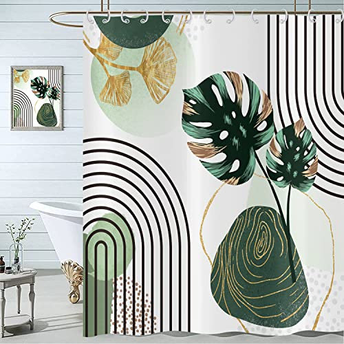 Hnmdmyi Duschvorhang Boho 180x220, Mid Century Abstrakt Grün Tropische Blätter Badewanne Vorhang Modern Geometrisch Minimalistisch Ästhetisch Kunst Wasserdicht Polyester Stoff Waschbar Badevorhang