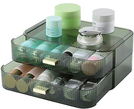 OSteed Makeup Organiser Green, Dressing Table Organiser with 2 Stackable Drawers, Makeup Brush & Skincare Cosmetic Storage for Vanity Dresser & Bathroom Toiletry