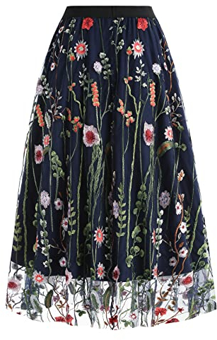 Damen T?llrock Langes Blumen Stickerei Rock Elegant Elastischer A-Linie Lagenrock Plissee T?ll Langes Kleid Blumenmuster Midir?cke Hohe Taille L?ssige M?dchen Rock Vintage 50er Meshrock Dunkelblau L