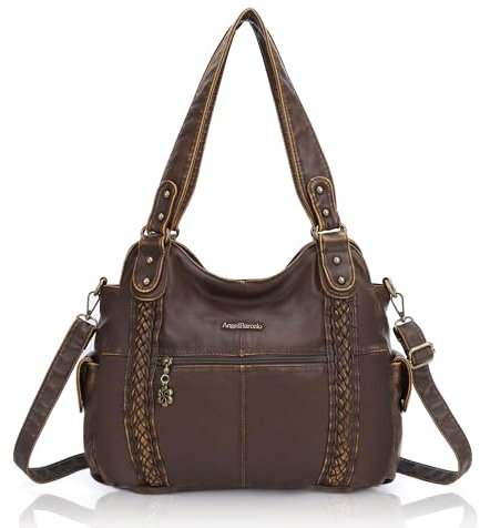Angel Barcelo Große Damen-Handtasche, Hobo-Schultertasche, gewaschenes Leder, Braun-7