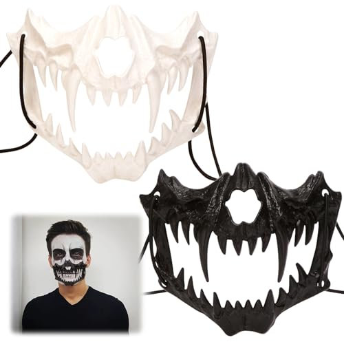 Leonshco Lot de 2 Masques Japonais d'Halloween - Motif Tigre - Demi-Visage Noir et Blanc - Masque d'Anime Thérien Amusant - Costume et Décoration