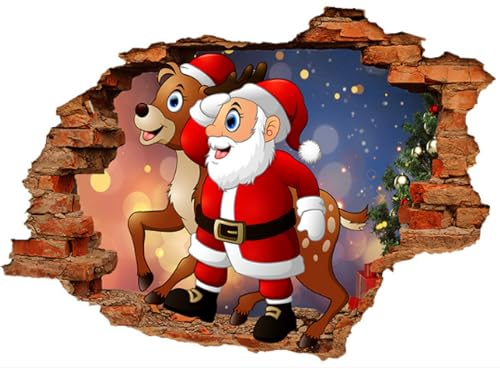 2-teilige 3d Zerbrochene Wand Elch Weihnachtsmann Wandaufkleber, Wohnzimmer, Kinderzimmer, Weihnachtsdekoration, Selbstklebende Papiertapete, 50 Bis 70cm