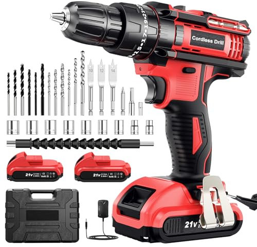 Cordless Drill Set 21V, Cordless Hammer Drill with 2 Batteries 2000mAh, 25+3 Torque, 42N.m Max, 2 Speed, LED Light, 30PCS Accessories for Home and Garden DIY Project