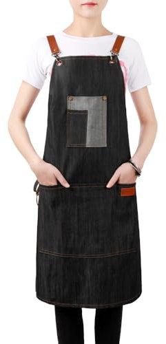 LIBAIJIAAZQH Delantal Cocina Mujer y Hombre, Camarero Vaquero Trabajo Con Multibolsillos, Personalizado Para Café, Barbacoa, Jardín, Restaurante, Ajustable Chef