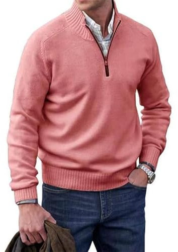 Suéter básico de cachemira con cremallera para hombre, suéter de punto casual de manga larga, suéter de punto sólido, rosa, M