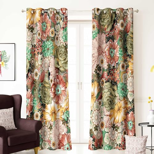 Tokusyou Blumen Vorhang Boho Blickdicht Gardinen Vintage Landhausstil Vorhänge mit Ösen Blumen Muster Dekoschal Verdunkelung 2er Set Curtains für Wohnzimmer Schlafzimmer,H 158 x B 132cm
