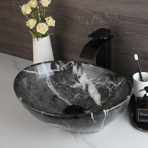 KECTIAKL 40,6 cm großes Waschbecken, schwarzes Keramik-Gefäß-Waschbecken mit Wasserfall-Wasserhahn und Pop-Up-Ablauf-Kombination, ovale Badezimmer-Spüle über der Theke mit Mischbatterie
