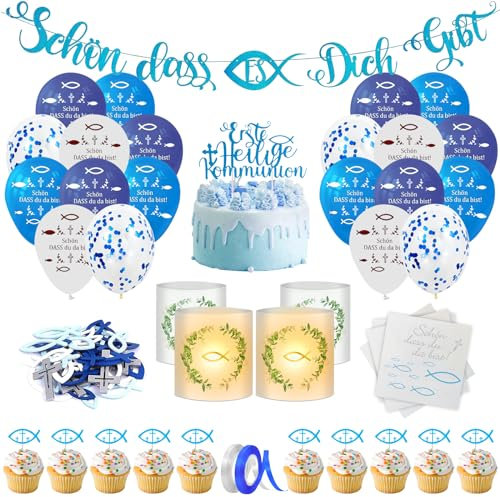SPERMUOY Kommunion deko luftballons kommunion Junge, Taufe Deko Junge Windlicht Fisch+Servietten+Holz Fische Deko+Luftballons,Kommunion Luftballon Tischdeko Dekoration für Taufdeko Tisch Deko