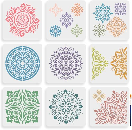 MAYJOYDIY 9 Mandala Schablone 20x20cm Vintage Mandala Muster Mit Pinsel Quadratisch Wiederverwendbare Möbelschablonen Für DIY Mandala Kunsthandwerk Holzboden Wandfliesen Stoff