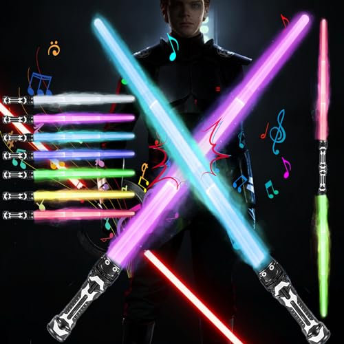 GUIANLOU 2 Pièces Sabre Laser pour Enfants,7 Couleurs Sabre Lumineux avec Effets Sonores,Epées Laser Télescopiques,2 en 1 Sabre Laser Lumineux,Duel Lightsaber Cosplay Fête d'anniversaire Cadeaux.