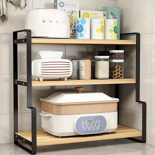 Dreamhousey Desktop Regale Schreibtische Schichtes Lager Regalen, Küchengewürz Gewürzflaschen flachen Topfdeckeln Aufbewahrungsregal (Schwarz+Holz Farbe, 3-Etagen)