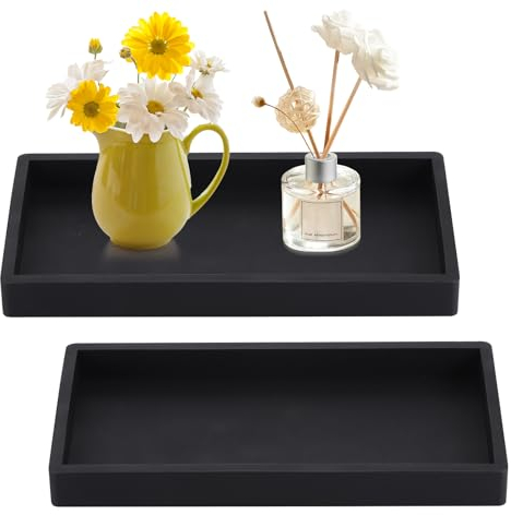 Huiguli 2 Pcs Bathroom Vanity Set, Silicone Black Jewelry Tray, Decorative Ring Dish Plate, Rectangular Tray for Perfume, Tissues, Candles, Towel, Plant, Watch, Key, Jewelry, 20x10cm