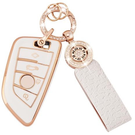Koaudb Housse pour clés de voiture pour BMW X1 X2 X3 X5 X6 2 5 6 7 Series 3 4 Boutons Smart Key Case Coque avec anneau de clé Coque de protection complète en TPU souple Or blanc (C-BM-4D)