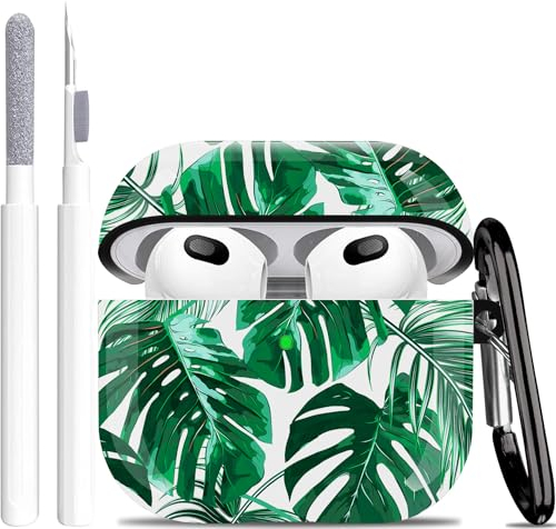 Kompatibel mit Airpods 3. Generation: Wonjury Hawaii-Blätter, schützend, hart mit Reinigungsset, kompatibel mit Airpods 3, Schutzhülle für Damen und Mädchen, Schlüsselanhänger, Palme