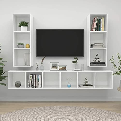 GYDUHYE Wandmontierte TV-Schränke, TV-Ständer, HiFi-Schränke, Stereo-Schränke, moderne Display-Einheiten schwimmendes Design, Wohnzimmer-Set, 4 Stück Hochglanz-weiße Spanplatte