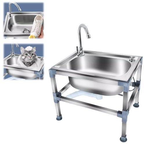 Utility Sink Laundry Tub For Washing Room Stainless Steel Mop Bucket Sink Industrial Slop Sink Indoor Outdoor Portable Bathroom/Warehouse/Kitchen Sink With Accessories, Knob Drain, 48/53/60cm(48x35cm)