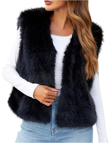Dmmtot Gilet d'hiver sans manches en fausse fourrure pour femme - Manteau court moelleux à poils longs - Veste courte élégante - Veste d'affaires décontractée et pelucheuse - Col en V - Manteaux pour