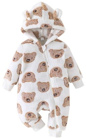 Yanmucy Tuta Invernale Neonato Inverno con Cappuccio Salopette Orso di Cartone Animato Bambino tuta da neve Caldo pile Zipper Bambino Ragazza Jumpsuit 0-18 mesi (Bianco, 0-3 mesi)