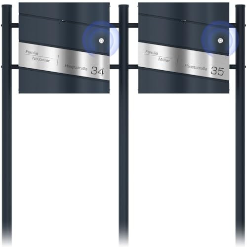 Graviers Design Funkklingel Doppelbriefkasten mit Briefkastenständer in Anthrazit RAL 7016 - Lasergravur diagonal Edelstahl personalisiert - Briefkasten mit Schloss Design 1