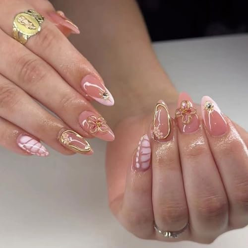 Mrltau 24 Pezzi Unghie Finte Primaverili Corte, Unghie Adesive Color Pelle Rosa, Unghie Finte con 3D Fiori e Perle, French Punta Completa Unghie Finte Corte