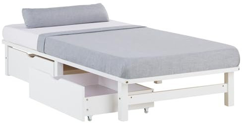Homestyle4u Holzbett 90x200 Massivholzbett mit 2 Schubladen Bettkasten Bett Kiefer Weiß Palettenbett mit Matratze