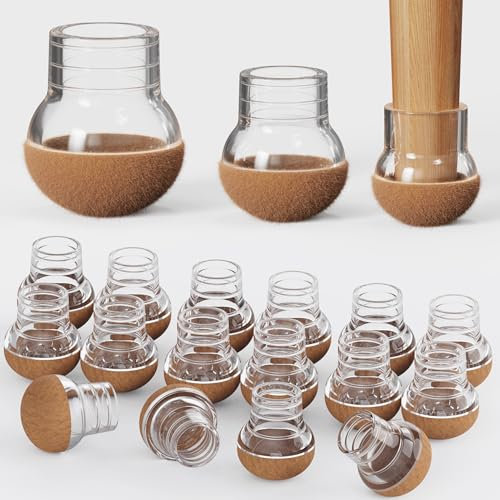 24 Stück Stuhlbeinkappen, Transparentem Silikon Schutzkappen für Stuhlbeine mit extra dickem Filz, Rund Filzgleiter für Stühle Durchmesser von 14-19mm, Stuhlbeinschoner für Hartholzböden