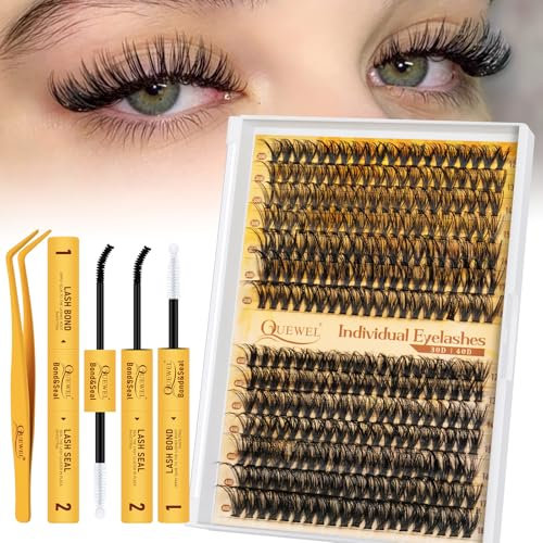 Quewel Extension-Cils, 280 PCS 30+40D Kit-Extension-Cils, longueurs mixtes 12-18 mm, grappes de cils épais avec colle et pince à cils, bricolage facile à la maison (kit 30+40D)