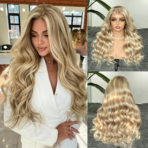 Highlight Creme Aschblond Balayage Effekt Farbe Echthaar Perücke Doppelknoten Technik Perücke 260% Dichte 13x4 Upgrade Spitzenperücke
