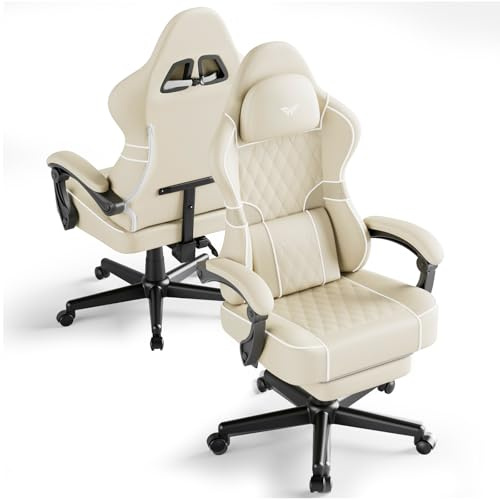 Ferghana Silla Gaming Ergonómica con Masajeador,Silla Gamer en Cuero PU Transpirable,Soporte Lumbar de Masaje,Reposacabezas,Reposapiés,Silla de Oficina,Silla Ergonómica de PC (Beige,Cuero PU)
